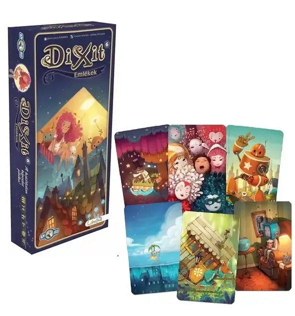 Dixit kiegészítő társasjáték doboz illusztrált fantasy kártyákkal a csomagolás mellett