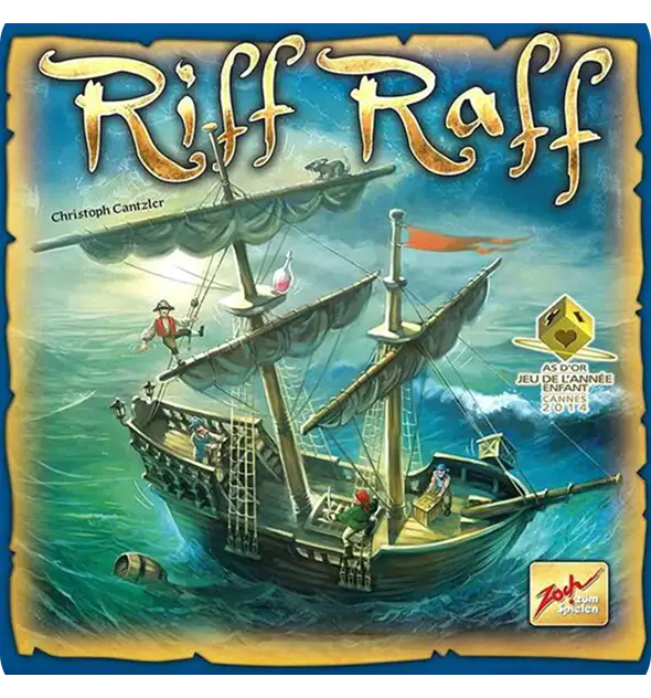 Riff Raff egyensúlyozó társasjáték doboz kalózhajó illusztrációval