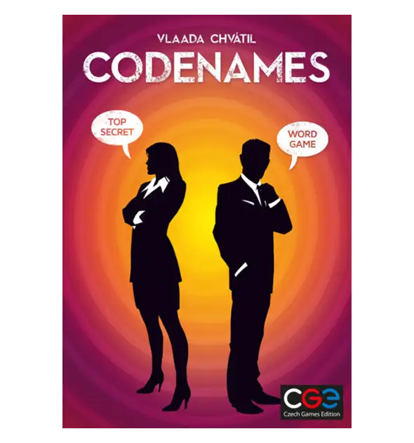 Codenames szóasszociációs társasjáték doboz színes háttérrel és sziluett ügynökökkel