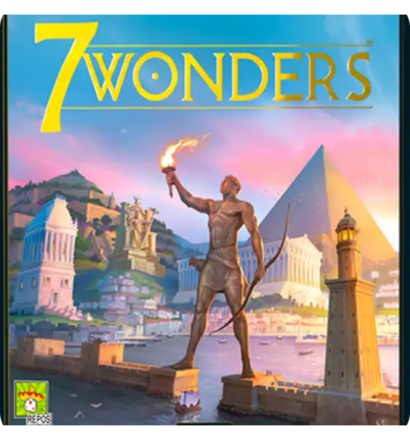 A „7 Wonders” társasjáték borítója, amelyen a rodoszi kolosszus, a piramisok és az ókori építészet látható színes égbolt alatt.