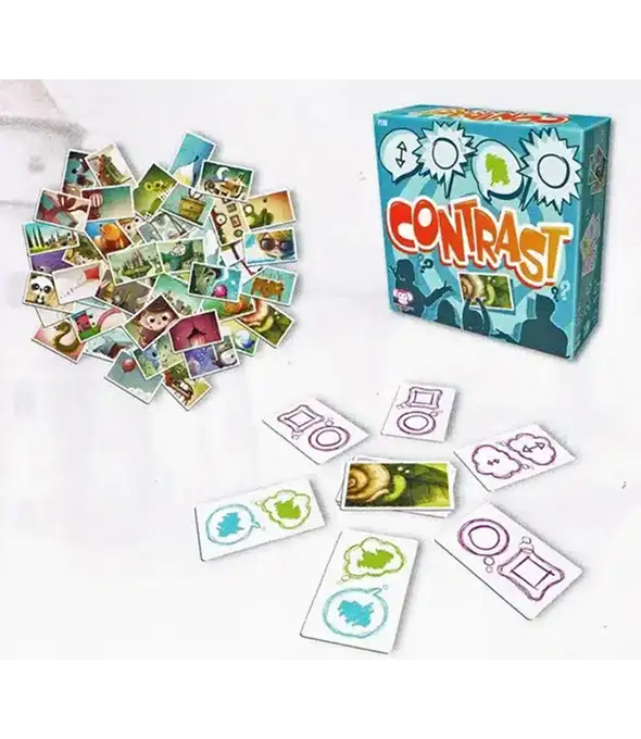 Kontrasztos vizuális társításos társasjáték doboz kártyákkal és koncepció lapokkal