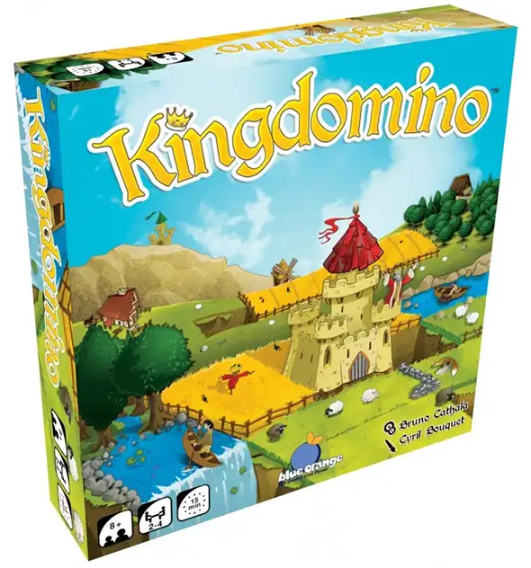 Kingdomino díjnyertes családi stratégiai társasjáték doboz, színes királyság tájképekkel és kastély illusztrációkkal