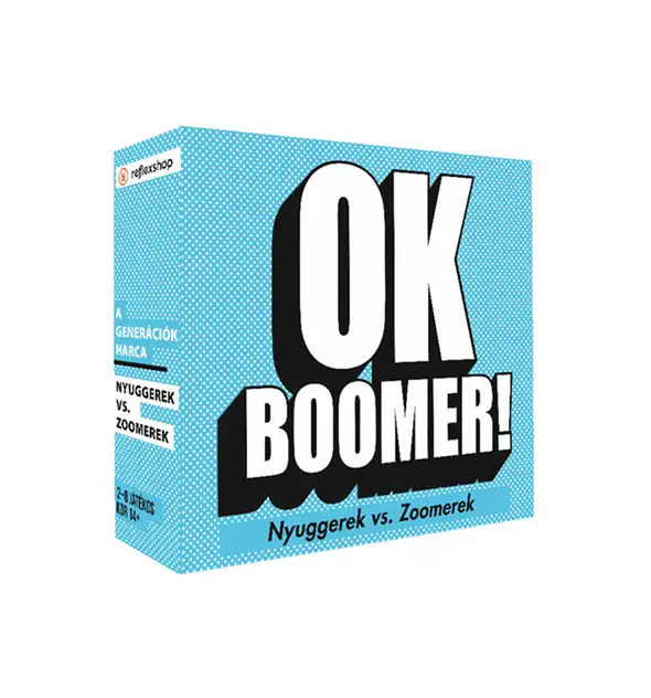 OK Boomer generációs trivia társasjáték doboz merész tipográfiai borítóval