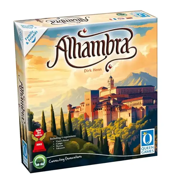 Alhambra társasjáték doboz, amelyen az Alhambra palota illusztrált képe, a játék címe, a tervező neve és a Queen Games logója látható.