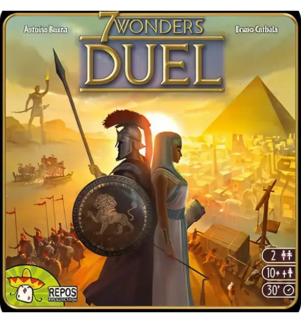 A 7 Wonders Duel társasjáték dobozának borítója, amelyen két ókori vezető látható egy aranyváros háttér előtt.
