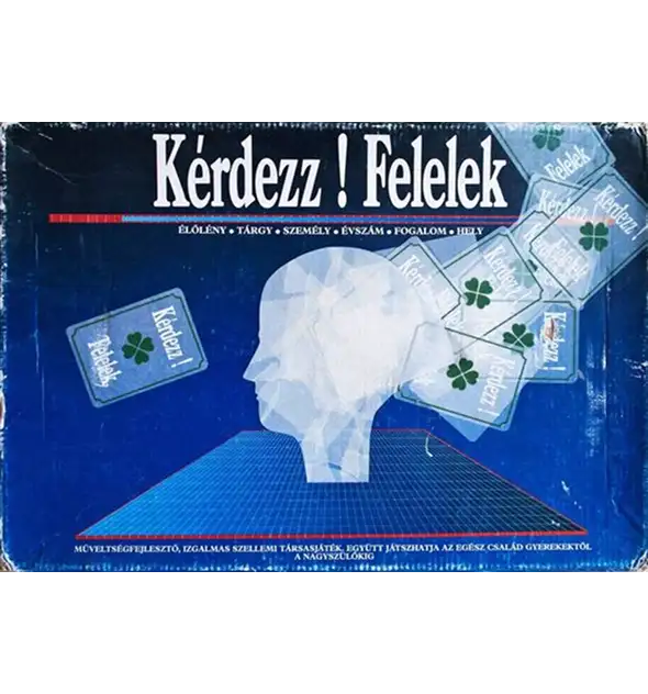 Kérdezz! Felelek klasszikus magyar tudás kvíz társasjáték doboz kék kivitelben és illusztrált kérdésekkel ellátott kártyákkal