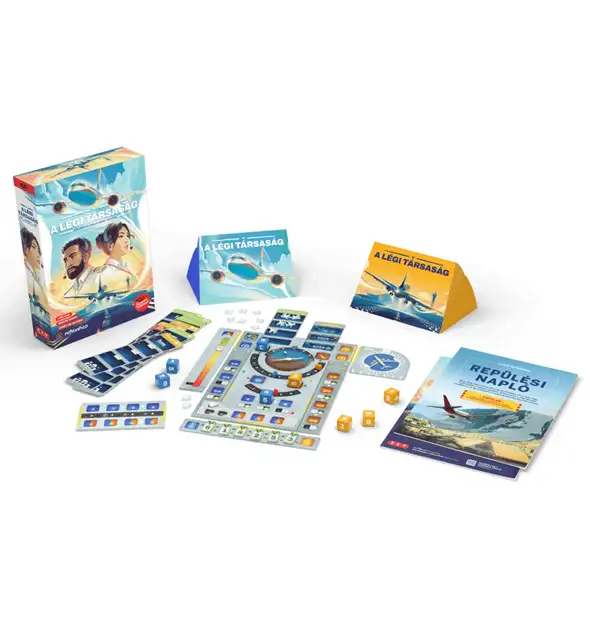 A Légi Társaság kooperatív társasjáték doboz és alkatrészek repülőgép témával és játékos táblákkal