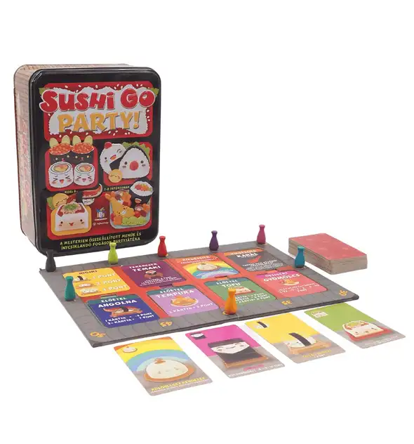 Sushi Go Party kártyajáték doboz színes sushi témájú kártyákkal és ponttáblával