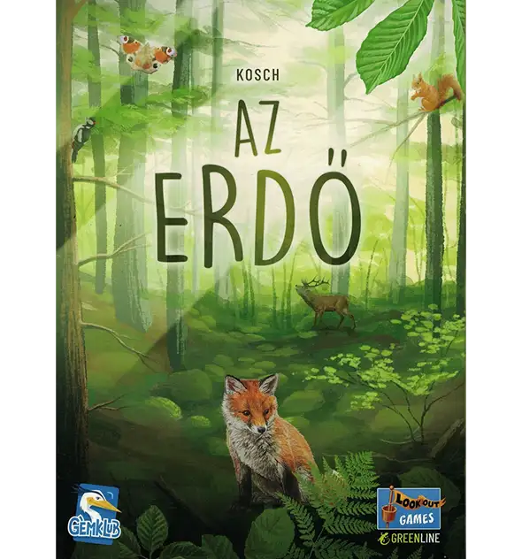 Az „Az Erdő” társasjáték borítója, amelyen egy buja zöld erdő és különböző állatok láthatók. Az előtérben egy vörös róka ül.